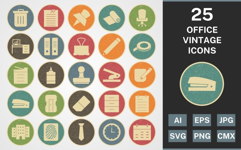 Download Набор иконок "25 OFFICE VINTAGE PACK Icon Set" / 25 OFFICE VINTAGE PACK Icon Set - Набор иконок на тему business set,file,icon,icons,vintage,round,vector,sign,symbol,pictogram,line,office,notepad,clock,tie,stamp,office chair,office table,post it,trash