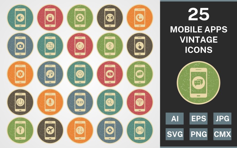 Sada ikon 25 MOBILNÍCH APLIKACÍ VINTAGE PACK