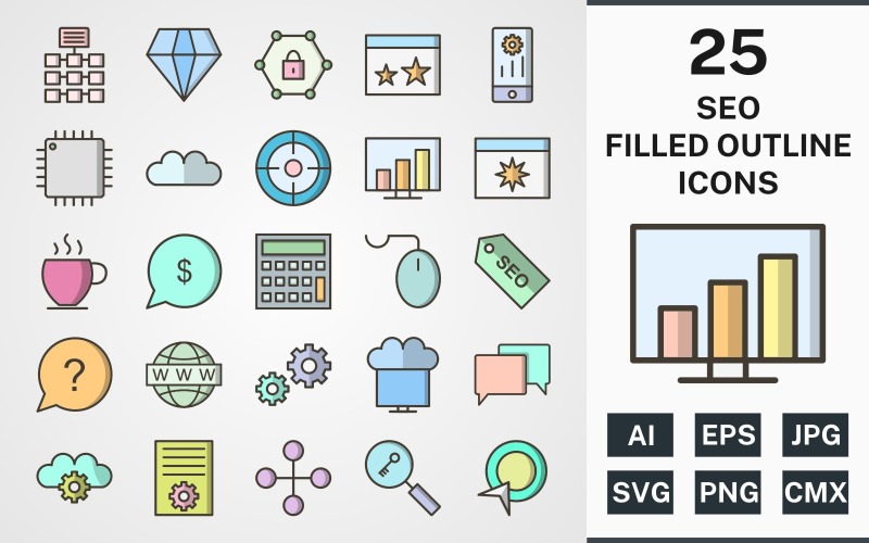 Download Набор иконок "25 SEO FILLED OUTLINE PACK Icon Set" / 25 SEO FILLED OUTLINE PACK Icon Set - Набор иконок на тему network set,file,icon,icons,filled,round,vector,sign,symbol,pictogram,outline,seo,network,settings,stats,diamond,conversation,starred,target,processor