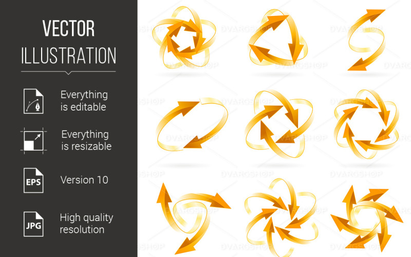Download Vector "Set of Arrow Circles - Vector Image" / Set of Arrow Circles - Vector Image - Vector на тему графика set,arrow,circles,isolated,yellow,diagram,glossy,section,flow,recycling,dimensional,slice,continuity,report,spinning,ring,modern,direction,vector,web