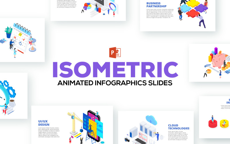 Isometrisch geanimeerde illustraties PowerPoint-sjabloon