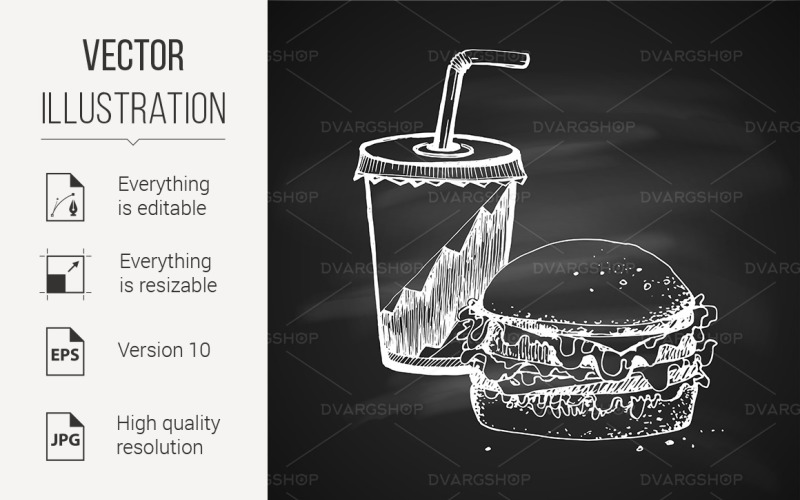 Download Vector "Sketch of Food - Vector Image" / Sketch of Food - Vector Image - Vector на тему графика sketch,vintage,chalkboard,food,hamburger,chalk,cup,soda,graphic,breakfast,eat,isolated,swich,black,dessert,monochrome,background,cartoon,illustration,delicious
