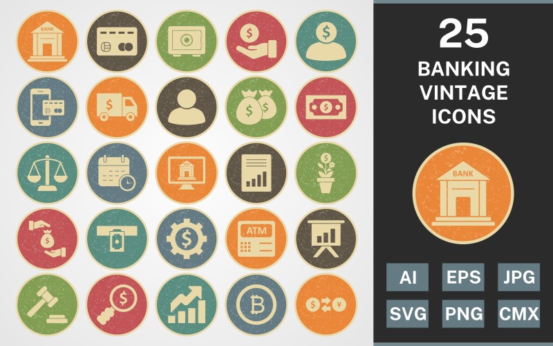 Download Набор иконок "25 BANKING VINTAGE PACK Icon Set" / 25 BANKING VINTAGE PACK Icon Set - Набор иконок на тему финансы set,file,icon,icons,vintage,round,vector,sign,symbol,pictogram,line,banking,bank,banker,loan,balance,bank note,accounting,safe,auction