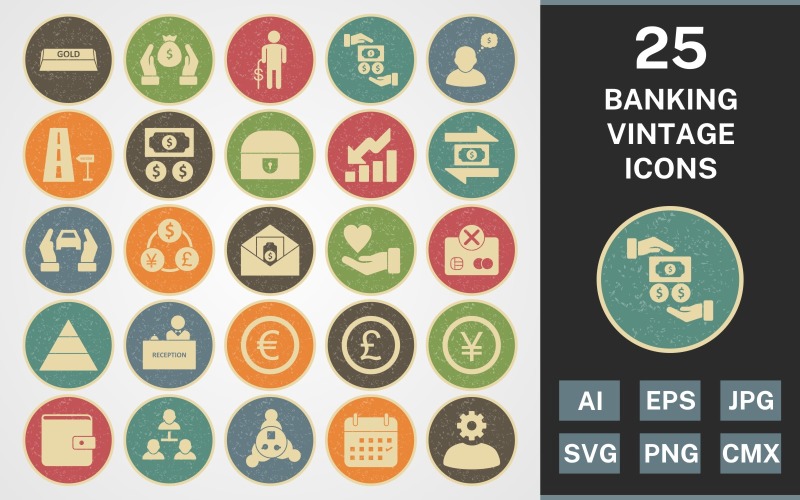 Download Набор иконок "25 BANKING VINTAGE PACK Icon Set" / 25 BANKING VINTAGE PACK Icon Set - Набор иконок на тему финансы set,file,icon,icons,vintage,round,vector,sign,symbol,pictogram,line,banking,gold,savings,euro,wallet,money flow,profit,pension,transaction