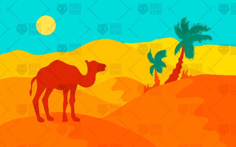 Download Vector "Camel in desert - Vector Image" / Camel in desert - Vector Image - Vector на тему графика illustration,design,nature,summer,vector,natural,art,tropical,sun,palm,sand,sunset,sunrise,travel,yellow,orange,background,outdoor,transportation,silhouette,landscape,sky,adventure,hill,journ