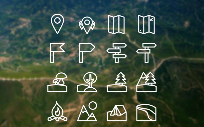 Download Набор иконок "16 Camping Icon Set" / 16 Camping Icon Set - Набор иконок на тему travel hiking,hill,tree,icon,park,map,travel,vector,field,camp,walk,picnic,trekking,pointer,mushroom,recreation,tent,forest,expedition,fire