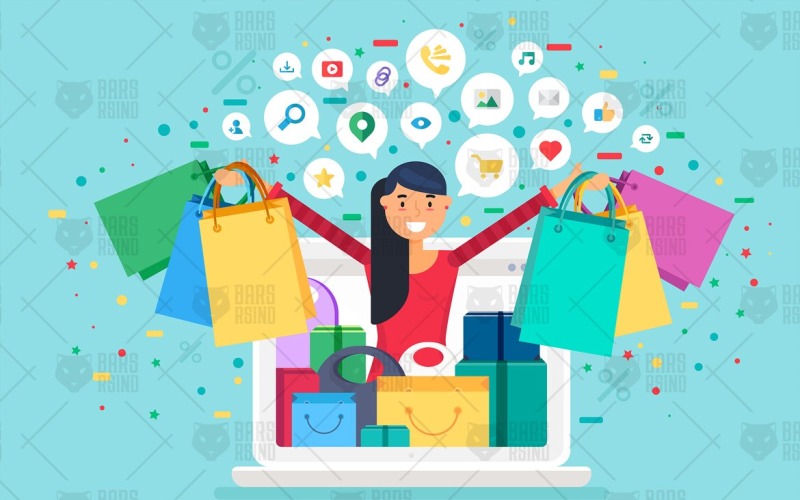 Download Vector "Online Shopping Concept - Vector Image" / Online Shopping Concept - Vector Image - Vector на тему графика modern,illustration,design,sign,web,retail,vector,woman,sale,flat,mobile,app,ecommerce,business,shop,technology,marketing,e-commerce,shopping,products,background,black,product,computer,gift,d