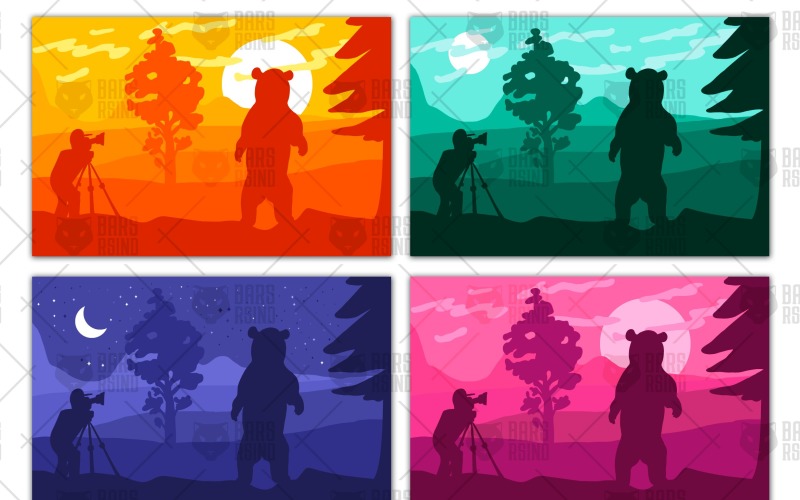 Download Vector "Photographer photographs bear - Vector Image" / Photographer photographs bear - Vector Image - Vector на тему графика vintage,illustration,poster,retro,country,photography,photographer,nature,summer,vector,old,natural,travel,tree,forest,background,vacation,camping,mountain,outdoor,print,camera,silhouette,lan