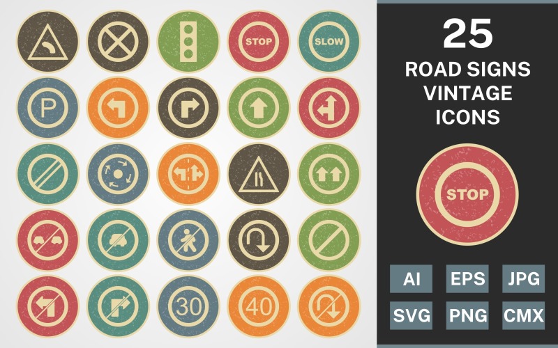 Download Набор иконок "25 ROAD SIGNS VINTAGE PACK Icon Set" / 25 ROAD SIGNS VINTAGE PACK Icon Set - Набор иконок на тему text set,file,icon,icons,vintage,round,vector,sign,symbol,pictogram,line,road signs,stop,slow,give way,speed limit 40,parking,left bend,u turn,no entry