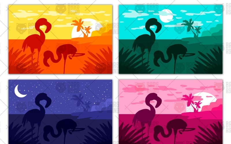 Download Vector "Swimming Flamingo On Tropical Island - Vector Image" / Swimming Flamingo On Tropical Island - Vector Image - Vector на тему графика illustration,nature,summer,vector,beach,tropical,island,sun,palm,sunset,sunrise,travel,tree,pink,cloud,background,vacation,outdoor,sea,silhouette,landscape,ocean,scene,plant,animal,exotic,flo