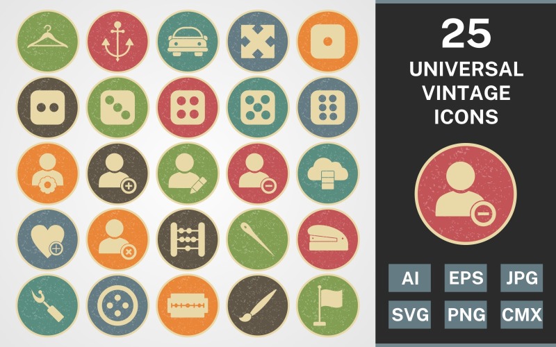 Download Набор иконок "25 UNIVERSAL VINTAGE PACK Icon Set" / 25 UNIVERSAL VINTAGE PACK Icon Set - Набор иконок set,file,icon,icons,vintage,round,vector,sign,symbol,pictogram,line,universal,hanger,dice six,flag,needle,edit profile,staper,button,blade