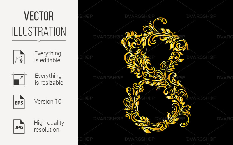 Download Vector "Decorated Eight Digit on Black - Vector Image" / Decorated Eight Digit on Black - Vector Image - Vector на тему графика black,digit,eight,background,decorated,font,pattern,gold,richly,number,typographic,element,ornament,design,curl,symbol,script,style,luxurious,artistic