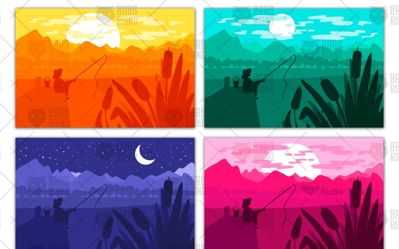 Download Vector "Fisherman with fishing rod on river - Vector Image" / Fisherman with fishing rod on river - Vector Image - Vector на тему графика illustration,nature,vector,beach,tree,forest,background,mountain,outdoor,trees,silhouette,landscape,mountains,scene,trip,scenery,person,rest,coast,panorama,lake,bridge,river,shore,outside,fis