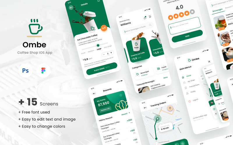 Download UI элементы "Ombe - Coffee Shop iOS App Design UI Template " / Ombe - Coffee Shop iOS App Design UI Template  - UI элементы на тему графика app,design,ui,userinterface,ios,template,figma,psd,elegant,modern,company,ecommerce,shopping cafe,store,coffee shop,beverage,modern app,minimalist app,order,delivery