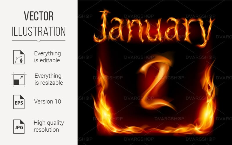 Download Vector "Second January in Calendar of Fire - Vector Image" / Second January in Calendar of Fire - Vector Image - Vector на тему графика calendar,january,fire,second,background,icon,black,event,front,binder,sign,business,day,cardboard,inferno,frame,meeting,date,appointment,pad