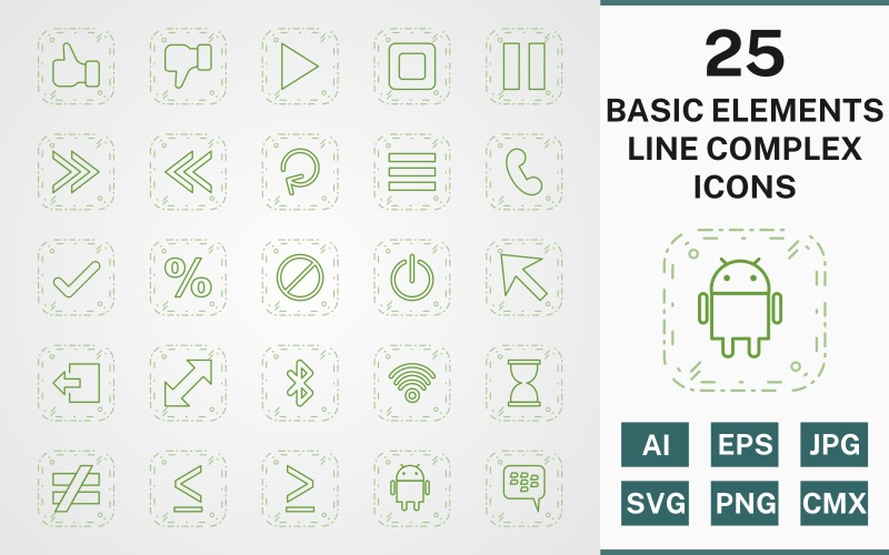 Download Набор иконок "25 BASIC ELEMENTS LINE COMPLEX PACK Icon Set" / 25 BASIC ELEMENTS LINE COMPLEX PACK Icon Set - Набор иконок на тему data icon,icons,linear,set,file,line,vector,sign,symbol,pictogram,complex,basic elements,play,stop,tick,like,cursor,android,blackberry,menu