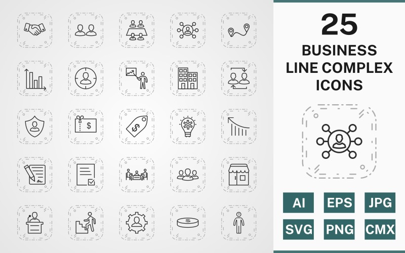 Download Набор иконок "25 BUSINESS LINE COMPLEX PACK Icon Set" / 25 BUSINESS LINE COMPLEX PACK Icon Set - Набор иконок на тему business icon,icons,linear,set,file,line,vector,sign,symbol,pictogram,complex,business,office,shop,speech,decison making,route,handshake,management,working team