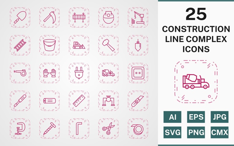Download Набор иконок "25 CONSTRUCTION LINE COMPLEX PACK Icon Set" / 25 CONSTRUCTION LINE COMPLEX PACK Icon Set - Набор иконок на тему industrial icon,icons,linear,set,file,line,vector,sign,symbol,pictogram,complex,construction,trowel,ladder,bucket,vise,ruler,helmet,hammer,bulldozer