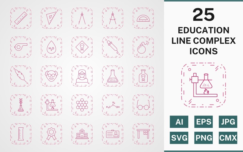 Download Набор иконок "25 EDUCATION LINE COMPLEX PACK Icon Set" / 25 EDUCATION LINE COMPLEX PACK Icon Set - Набор иконок на тему science icon,icons,linear,set,file,line,vector,sign,symbol,pictogram,complex,education,toxic,scale,school,award,chemicals,beaker,divider,compass