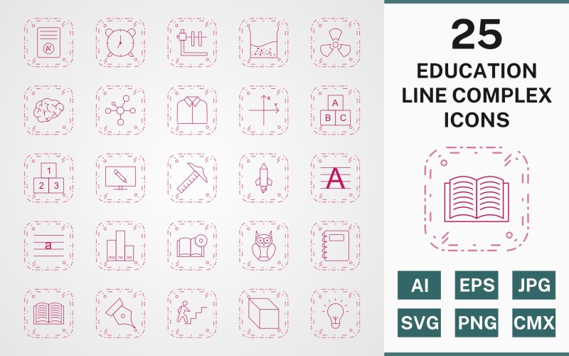 Download Набор иконок "25 EDUCATION LINE COMPLEX PACK Icon Set" / 25 EDUCATION LINE COMPLEX PACK Icon Set - Набор иконок на тему science icon,icons,linear,set,file,line,vector,sign,symbol,pictogram,complex,education,brain,cube,book dvd,open book,electron,alarm,notepad,radiation