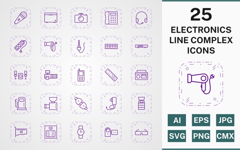 Download Набор иконок "25 ELECTRONIC DEVICES LINE COMPLEX PACK Icon Set" / 25 ELECTRONIC DEVICES LINE COMPLEX PACK Icon Set - Набор иконок на тему computer icon,icons,linear,set,file,line,vector,sign,symbol,pictogram,complex,elctronics,devices,mic,remote,watch,handy cam,camera,telephone,deep freezer