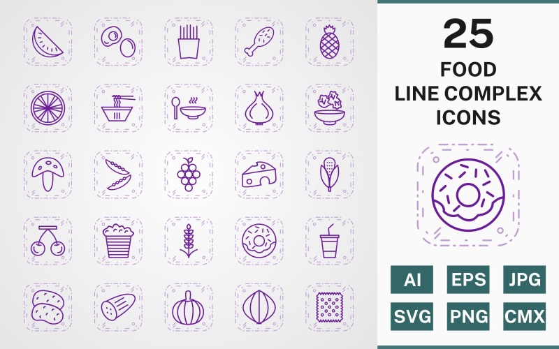 Download Набор иконок "25 FOOD LINE COMPLEX PACK Icon Set" / 25 FOOD LINE COMPLEX PACK Icon Set - Набор иконок на тему food icon,icons,linear,set,file,line,vector,sign,symbol,pictogram,complex,food,watermelon,salad,grapes,soup,egg,biscuit,frenchfries,cheese