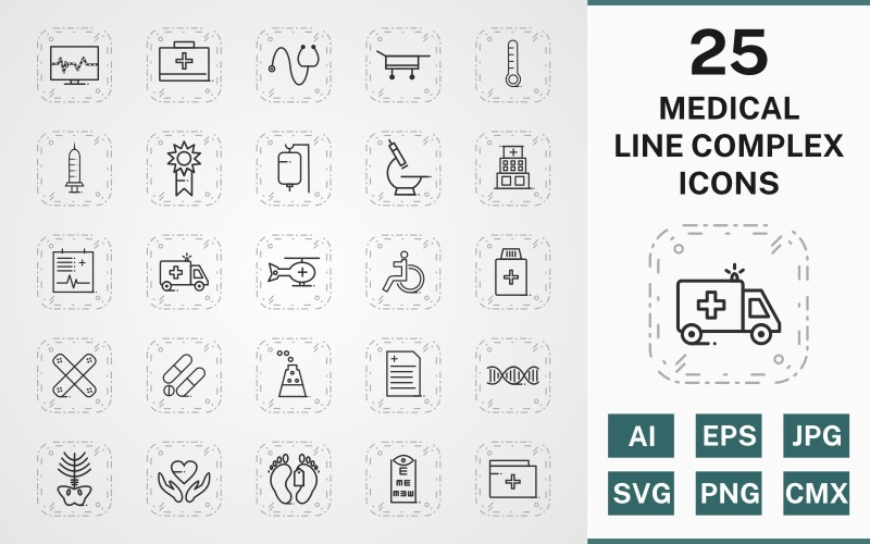 Download Набор иконок "25 MEDICAL LINE COMPLEX PACK Icon Set" / 25 MEDICAL LINE COMPLEX PACK Icon Set - Набор иконок на тему medical icon,icons,linear,set,file,line,vector,sign,symbol,pictogram,complex,medical,drip,xray,dna,report,toe tag,medicines,hospital,injection