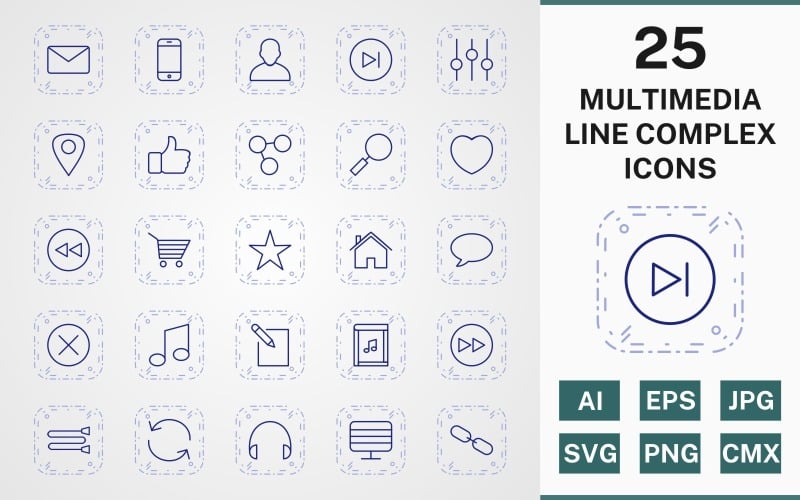 Download Набор иконок "25 MULTIMEDIA LINE COMPLEX PACK Icon Set" / 25 MULTIMEDIA LINE COMPLEX PACK Icon Set - Набор иконок на тему computer icon,icons,linear,set,file,line,vector,sign,symbol,pictogram,complex,multimedia,next,avatar,heart,back,link,monitor,like,envelope