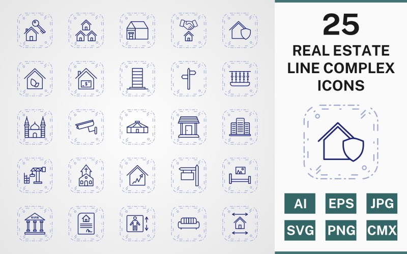 Download Набор иконок "25 REAL ESTATE LINE COMPLEX PACK Icon Set" / 25 REAL ESTATE LINE COMPLEX PACK Icon Set - Набор иконок на тему city icon,icons,linear,set,file,line,vector,sign,symbol,pictogram,complex,real estate,mosque,church,balcony,mansion,eco house,lift,yurt,bank
