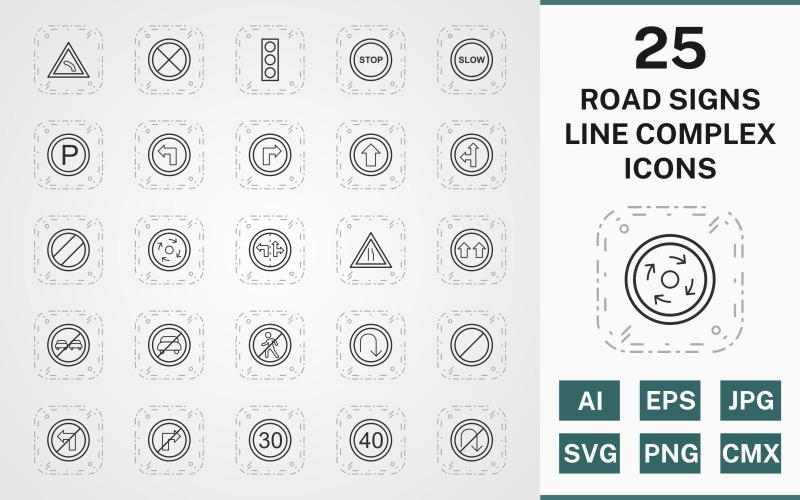 Download Набор иконок "25 ROAD SIGNS LINE COMPLEX PACK Icon Set" / 25 ROAD SIGNS LINE COMPLEX PACK Icon Set - Набор иконок на тему text icon,icons,linear,set,file,line,vector,sign,symbol,pictogram,complex,road signs,stop,slow,give way,speed limit 40,parking,left bend,u turn,no entry