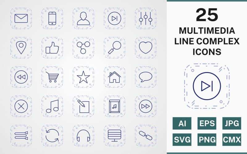 25 set di icone PACCHETTO COMPLESSO LINEA MULTIMEDIALE