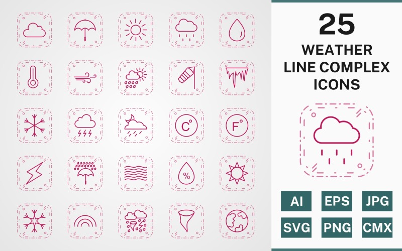 Download Набор иконок "25 WEATHER LINE COMPLEX PACK Icon Set" / 25 WEATHER LINE COMPLEX PACK Icon Set - Набор иконок на тему weather icon,icons,linear,set,file,line,vector,sign,symbol,pictogram,complex,weather,cloud,rain,sun,tornado,rainbow,windy,rain drop,temparature