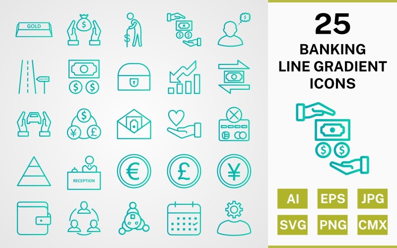 Download Набор иконок "25 BANKING LINE GRADIENT PACK Icon Set" / 25 BANKING LINE GRADIENT PACK Icon Set - Набор иконок на тему финансы set,file,icon,icons,line,round,vector,sign,symbol,pictogram,gradient,banking,gold,savings,euro,wallet,money flow,profit,pension,transaction