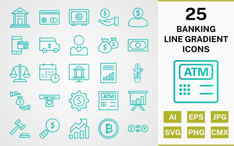 Download Набор иконок "25 BANKING LINE GRADIENT PACK Icon Set" / 25 BANKING LINE GRADIENT PACK Icon Set - Набор иконок на тему финансы set,file,icon,icons,line,round,vector,sign,symbol,pictogram,gradient,banking,bank,banker,loan,balance,bank note,accounting,safe,auction