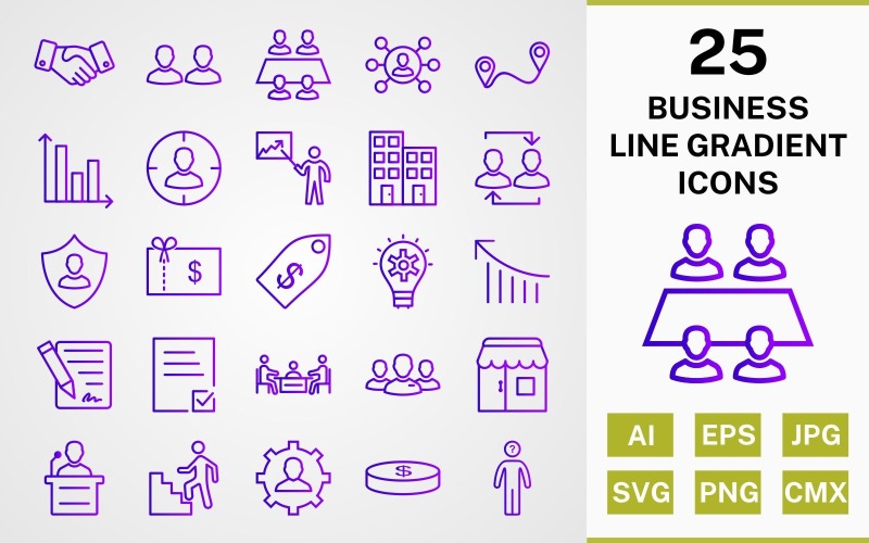 Download Набор иконок "25 BUSINESS LINE GRADIENT PACK Icon Set" / 25 BUSINESS LINE GRADIENT PACK Icon Set - Набор иконок на тему business icon,icons,linear,set,file,line,vector,sign,symbol,pictogram,gradient,business,office,shop,speech,decison making,route,handshake,management,working team
