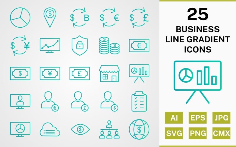 Download Набор иконок "25 BUSiNESS LINE GRADIENT PACK Icon Set" / 25 BUSiNESS LINE GRADIENT PACK Icon Set - Набор иконок на тему финансы set,file,icon,icons,line,round,vector,sign,symbol,pictogram,gradient,business,pie chart,organization,world money,pound,coins,stock market,cloud data,planning