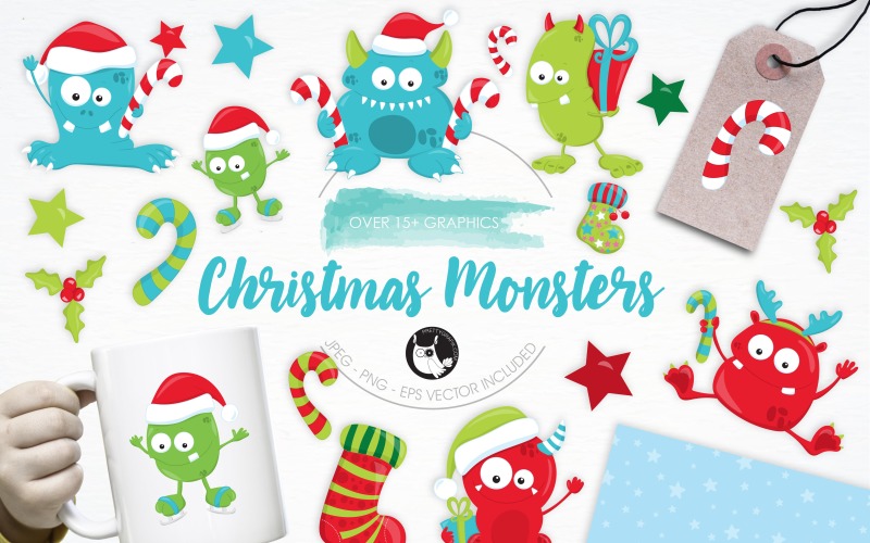 Download Vector "Christmas Monsters illustration pack - Vector Image" / Christmas Monsters illustration pack - Vector Image - Vector на тему графика christmas,illustration,winter,vector,graphics,clipart,clip art,icon,eps,socks,prettygrafik,monsters,christmas monsters,candycane,santa hat