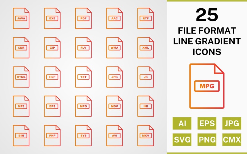 25 Conjunto de ícones de pacote de gradiente de linha de formato de arquivo