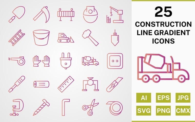 Download Набор иконок "25 CONSTRUCTION LINE GRADIENT PACK Icon Set" / 25 CONSTRUCTION LINE GRADIENT PACK Icon Set - Набор иконок на тему industrial icon,icons,linear,set,file,line,vector,sign,symbol,pictogram,gradient,construction,trowel,ladder,bucket,vise,ruler,helmet,hammer,bulldozer