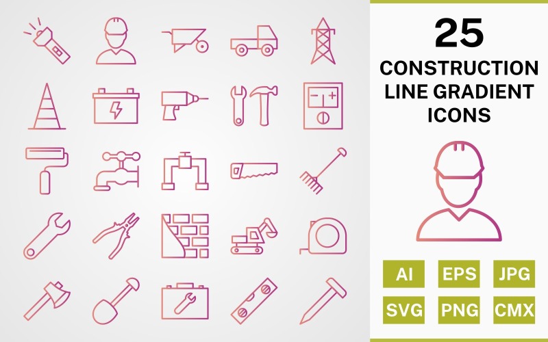 Download Набор иконок "25 CONSTRUCTION LINE GRADIENT PACK Icon Set" / 25 CONSTRUCTION LINE GRADIENT PACK Icon Set - Набор иконок на тему industrial icon,icons,linear,set,file,line,vector,sign,symbol,pictogram,gradient,construction,engineer,loader,tools,tool box,drill,paint roller,pipe,saw