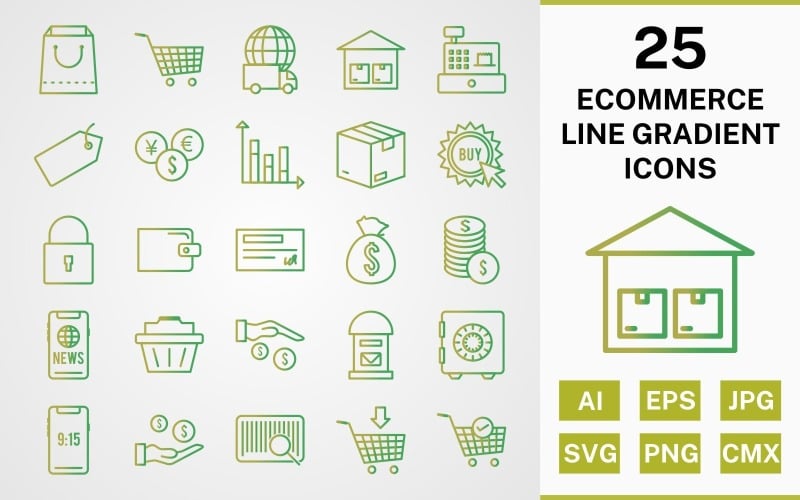 Download Набор иконок "25 ECOMMERCE LINE GRADIENT PACK Icon Set" / 25 ECOMMERCE LINE GRADIENT PACK Icon Set - Набор иконок на тему shopping set,file,icon,icons,line,round,vector,sign,symbol,pictogram,gradient,ecommerce,buy,security,tag,vault,add to cart,payment,basket,cheque