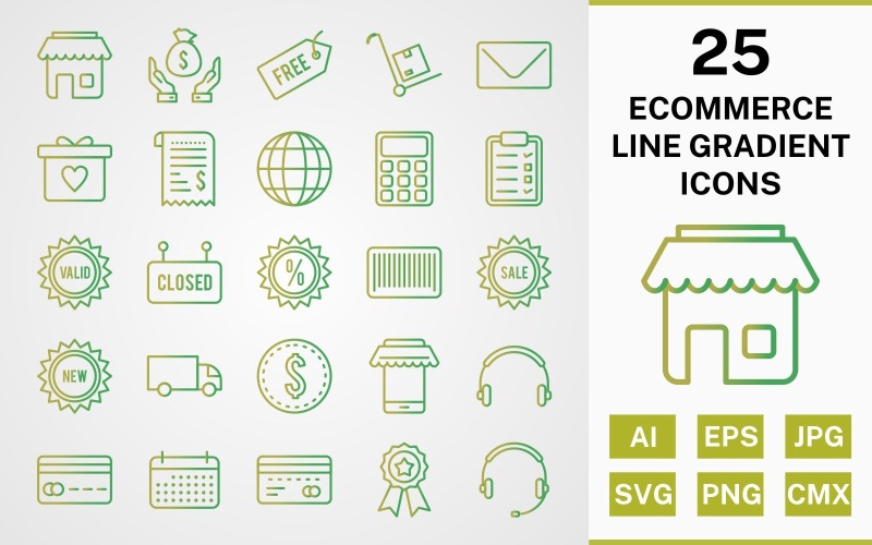 Download Набор иконок "25 ECOMMERCE LINE GRADIENT PACK Icon Set" / 25 ECOMMERCE LINE GRADIENT PACK Icon Set - Набор иконок на тему shopping set,file,icon,icons,line,round,vector,sign,symbol,pictogram,gradient,ecommerce,envelope,saving,trolley,new,sale,atm,shop,discount