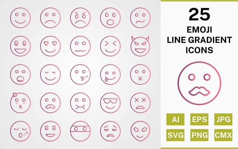 Download Набор иконок "25 EMOJI LINE GRADIENT PACK Icon Set" / 25 EMOJI LINE GRADIENT PACK Icon Set - Набор иконок на тему social media set,file,icon,icons,line,round,vector,sign,symbol,pictogram,gradient,emoji,happy,sad,lol,alien,kiss,wink,nervous,calm