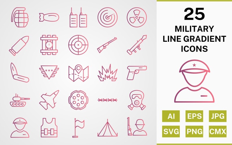 Download Набор иконок "25 MILITARY LINE GRADIENT PACK Icon Set" / 25 MILITARY LINE GRADIENT PACK Icon Set - Набор иконок на тему military set,file,icon,icons,line,round,vector,sign,symbol,pictogram,gradient,military,bullet,target,grenade,jet,tent,gun,blast,radar