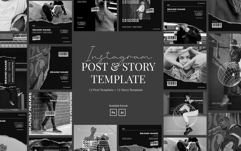 Download Шаблон для соцсетей "Monochrome Style Instagram Post and Story Template for Social Media" / Monochrome Style Instagram Post and Story Template for Social Media - Шаблон для соцсетей на тему графика urban instagram,industrial,fashion industrial,instagram for industrial,modern instagram,instagram story,business,brand,lifestyle,minimalist,modern,elegant,simple,creative,template,instagram p