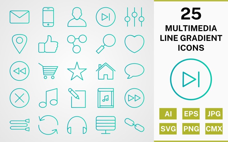 Download Набор иконок "25 MULTIMEDIA LINE GRADIENT PACK Icon Set" / 25 MULTIMEDIA LINE GRADIENT PACK Icon Set - Набор иконок на тему data icon,icons,linear,set,file,line,vector,sign,symbol,pictogram,gradient,multimedia,next,avatar,heart,back,link,monitor,like,envelope