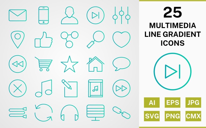 25 MULTIMEDIA LINE GRADIENT PACK Ikonuppsättning