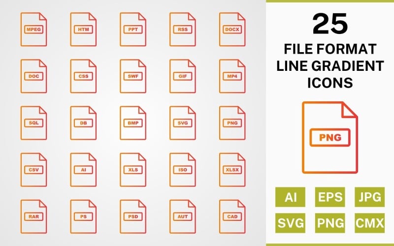 Набор иконок 25 ФОРМАТОВ ФОРМАТОВ LINE GRADIENT PACK