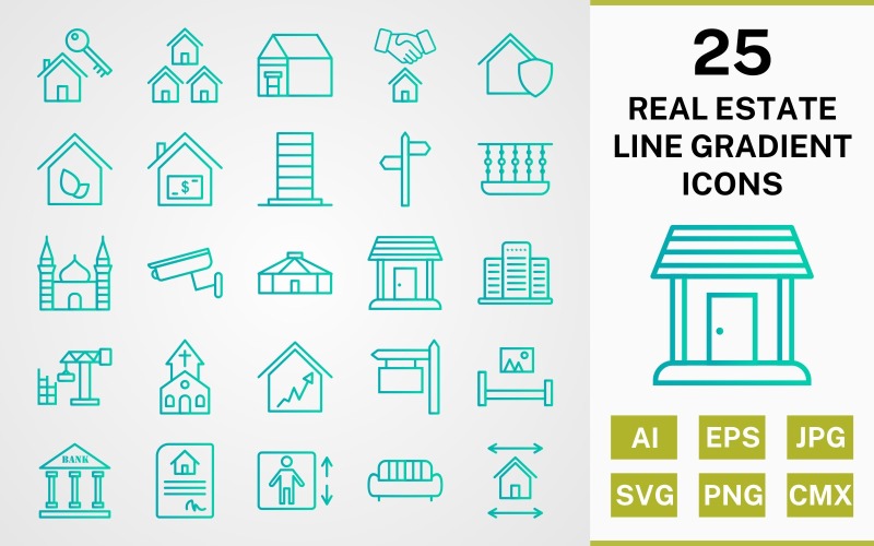 Download Набор иконок "25 REAL ESTATE LINE GRADIENT PACK Icon Set" / 25 REAL ESTATE LINE GRADIENT PACK Icon Set - Набор иконок на тему city icon,icons,linear,set,file,line,vector,sign,symbol,pictogram,gradient,real estate,mosque,church,balcony,mansion,eco house,lift,yurt,bank