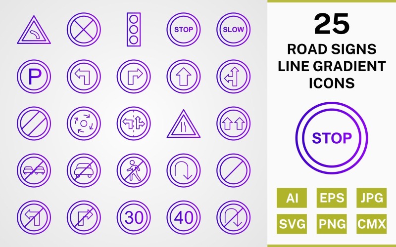 Download Набор иконок "25 ROAD SIGNS LINE GRADIENT PACK Icon Set" / 25 ROAD SIGNS LINE GRADIENT PACK Icon Set - Набор иконок на тему text set,file,icon,icons,line,round,vector,sign,symbol,pictogram,gradient,road signs,stop,slow,give way,speed limit 40,parking,left bend,u turn,no entry
